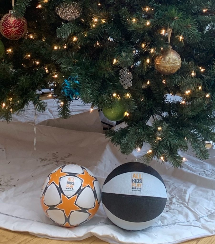 All Kids Play We Will Bounce Back soccer ball and basketball under the Christmas Tree